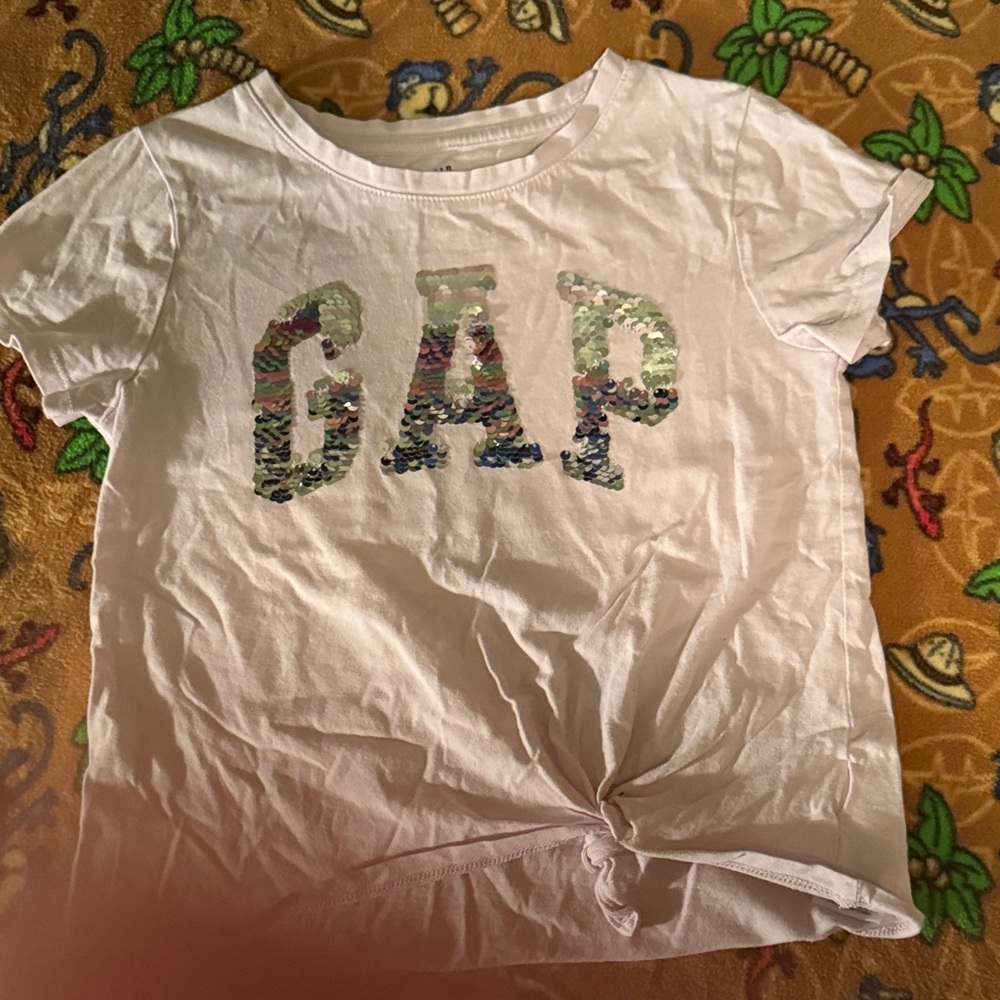 GAP White Short Sleeve Tee with Multicolor Sequin Logo and Front Tie